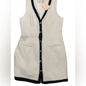 Cream Mini Dress with Black Trim and Gold Buttons